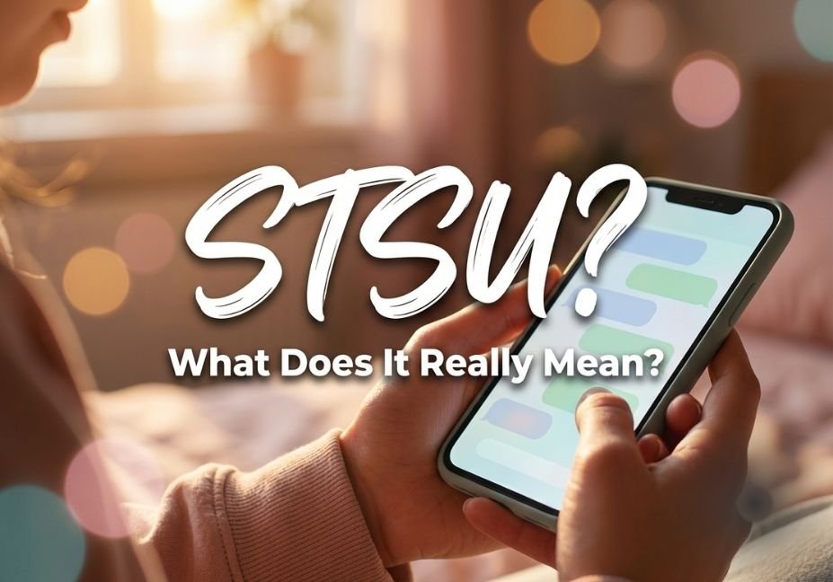 A person holding a glowing smartphone in a cozy room, with calligraphic text reading "STSU? What Does It Really Mean?" overlaid on top.