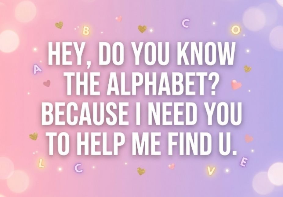 101 Alphabet Pick Up Lines That Actually Get Replies - pastel pink and lavender graphic with the line hey do you know the alphabet because I need you to help me find U