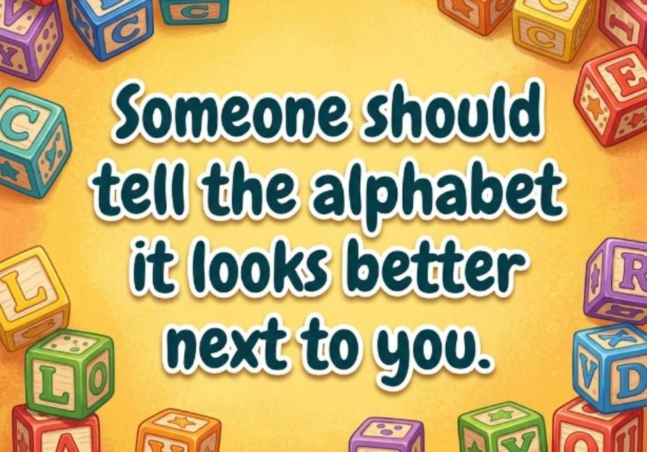 101 Alphabet Pick Up Lines That Actually Get Replies - colorful retro alphabet blocks graphic with someone should tell the alphabet it looks better next to you
