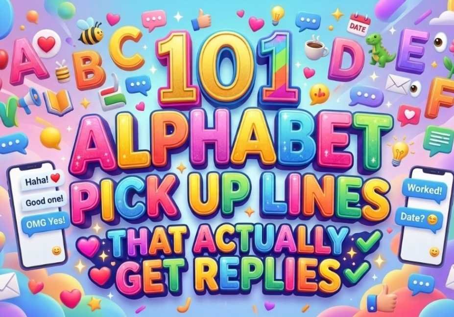 101 Alphabet Pick Up Lines That Actually Get Replies - colorful bold title graphic with alphabet letters, emojis, and chat bubbles showing text conversations