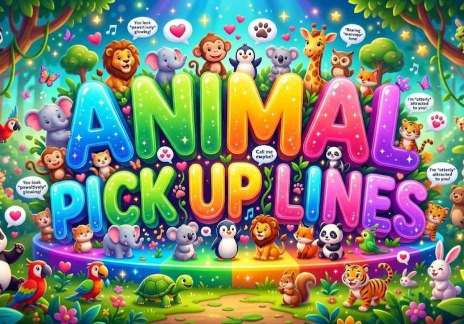 nimal pick up lines – colorful jungle illustration with cartoon animals and playful speech bubbles