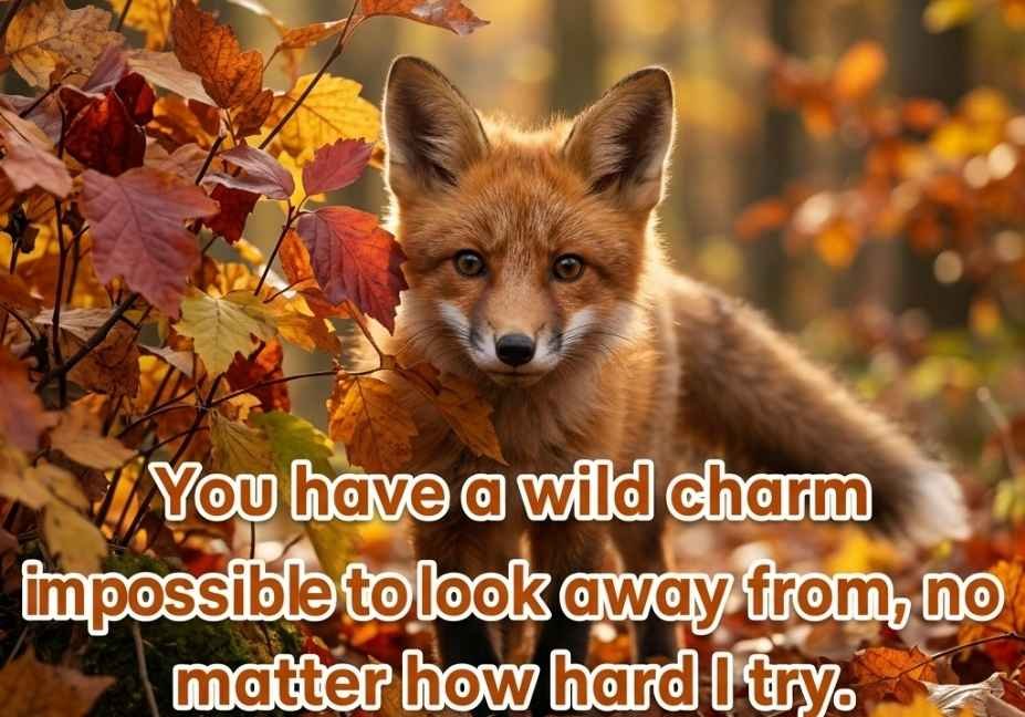 animal pick up lines – red fox in autumn leaves with flirty quote text
