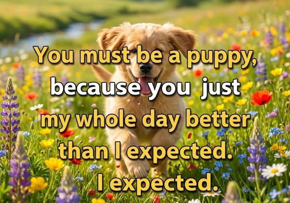 animal pick up lines – golden retriever puppy in wildflower field with cheesy quote text