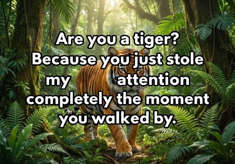 animal pick up lines – tiger resting in golden grass with bold quote text