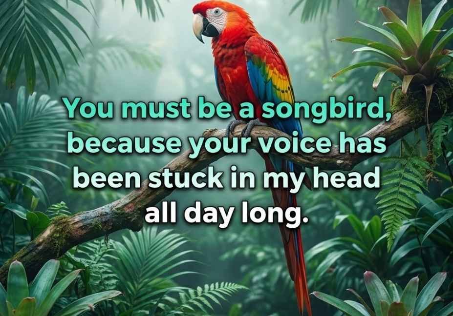 "animal pick up lines – colorful macaw parrot in jungle with romantic quote text"