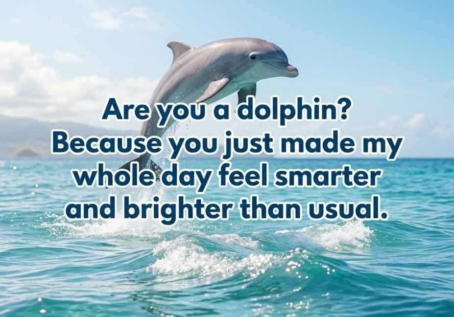 animal pick up lines – dolphin leaping over ocean waves with witty quote text