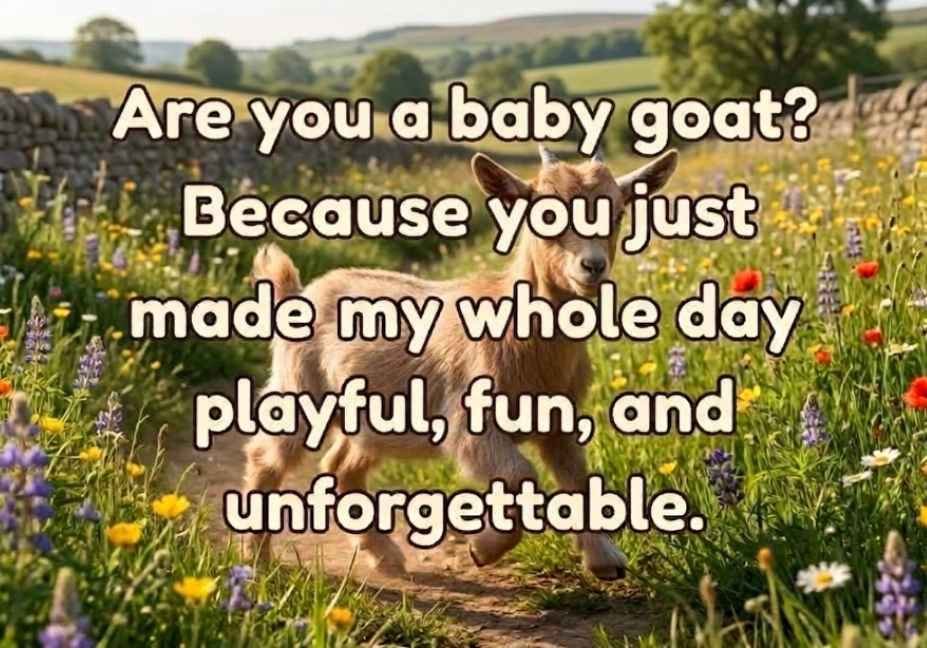 animal pick up lines – baby goat in wildflower meadow with playful quote text