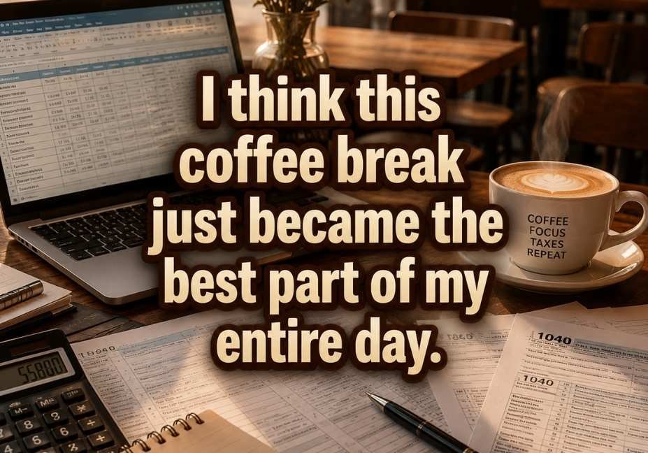 50+ Tax Day Accountant Pick Up Lines No One Warned You About – coffee shop table with laptop and tax documents