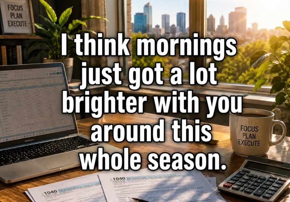 50+ Tax Day Accountant Pick Up Lines No One Warned You About – sunny office desk with laptop and tax forms