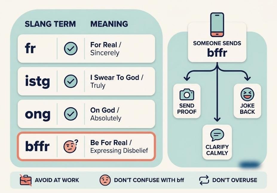 Infographic comparing bffr to fr, istg, and ong slang with reply options and common mistakes