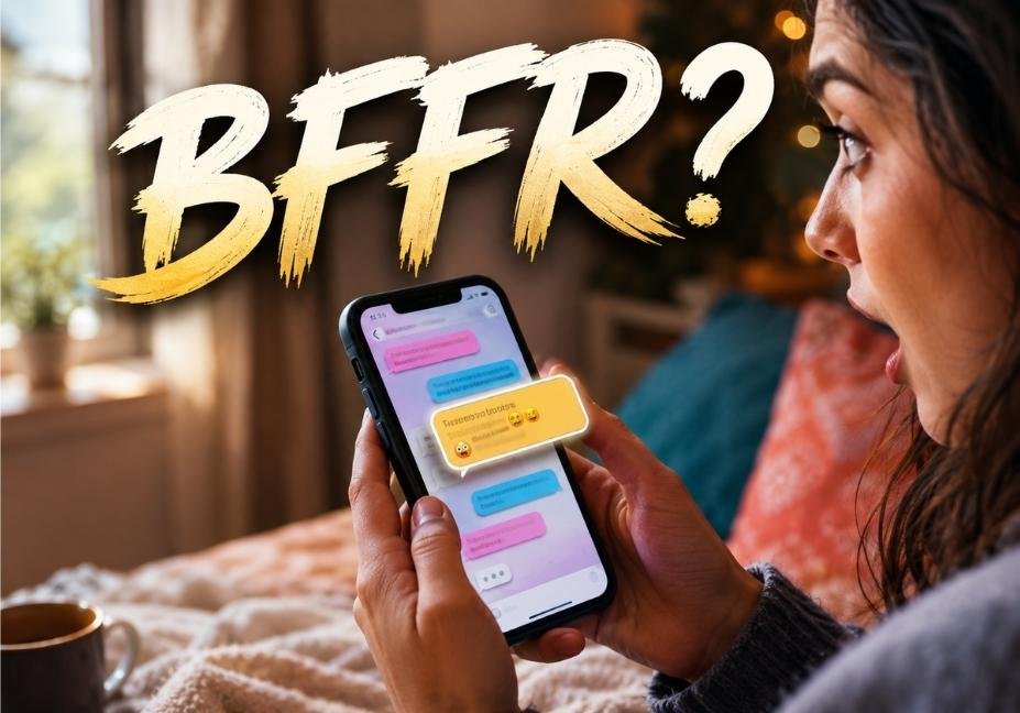 Person reading a confusing bffr text message on smartphone, wondering what bffr means