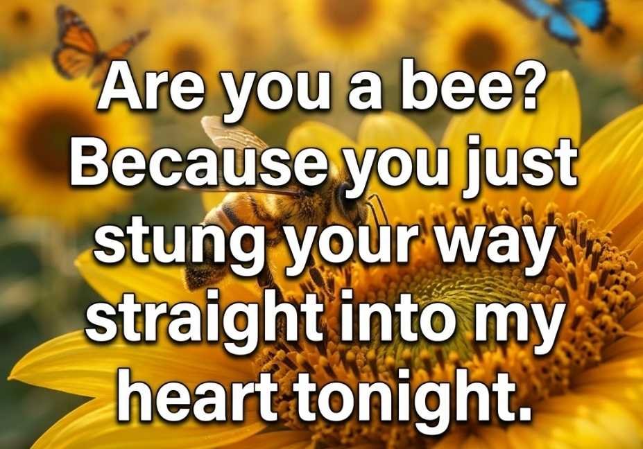 Fuzzy honeybee landing on a sunflower paired with a romantic Bees pickup lines quote about hearts and stings.