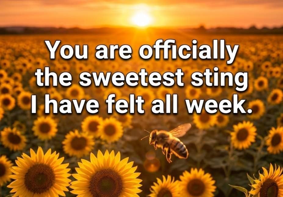 Golden sunflower field at sunset with a bee in flight paired with a Bees pickup lines caption about sweet stings.