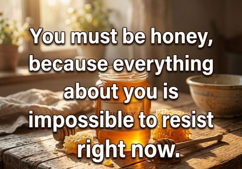 Golden honey jar on a rustic table featuring a sweet Bees pickup lines caption about irresistible sweetness.