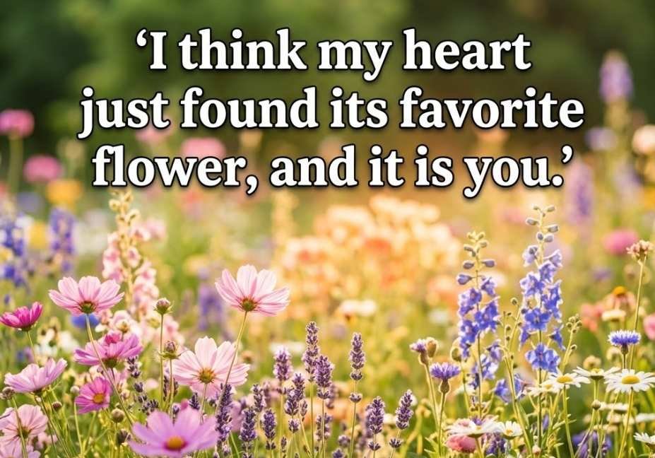 Sunny flower garden background with a soft Bees pickup lines quote about finding a favorite flower.