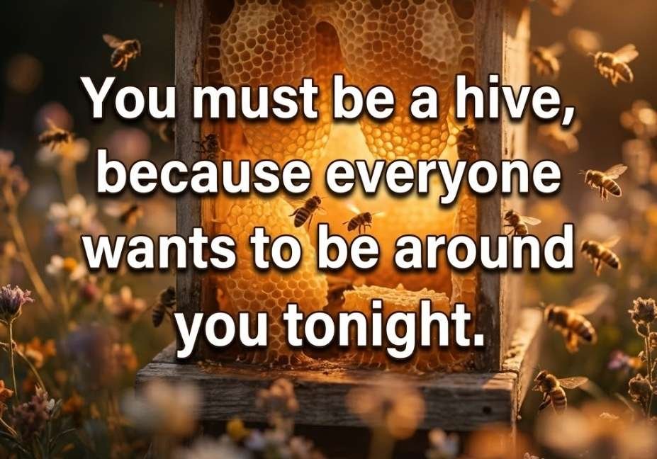 Glowing beehive in warm amber light paired with a cozy Bees pickup lines caption about belonging.