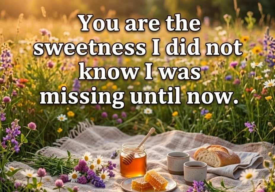 Romantic wildflower picnic scene featuring a heartfelt Bees pickup lines quote about missing sweetness.