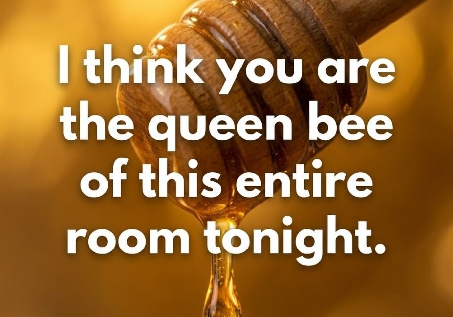 Golden honey dripping from a wooden dipper with a flirty Bees pickup lines caption about queen bee energy.