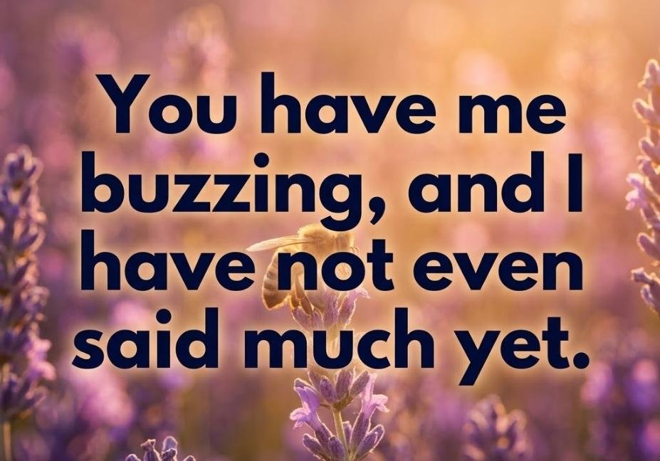 Bee resting on a lavender field at golden hour with a playful Bees pickup lines quote about buzzing feelings.