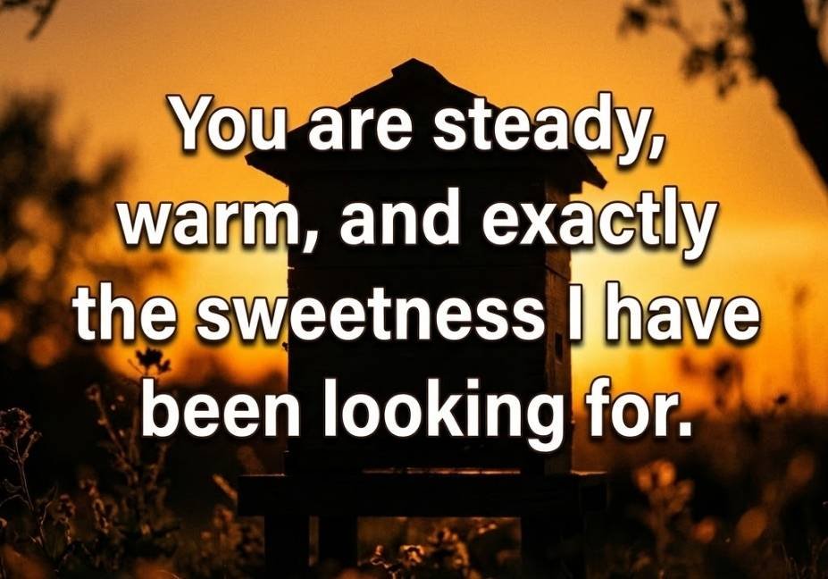 Beehive silhouette against a sunset sky paired with a warm Bees pickup lines caption about steady sweetness.