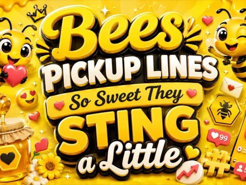 Yellow 3D graphic featuring “Bees Pickup Lines So Sweet They Sting a Little” with cute honey bees, honeycomb patterns, honey jar, flowers, hearts, chat bubbles, smartphone, social media icons, and viral engagement symbols on a bright honey-themed background.