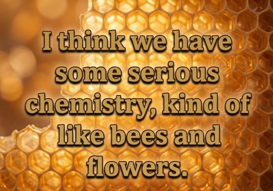 Glowing honeycomb close-up featuring a chemistry-themed Bees pickup lines quote about bees and flowers.