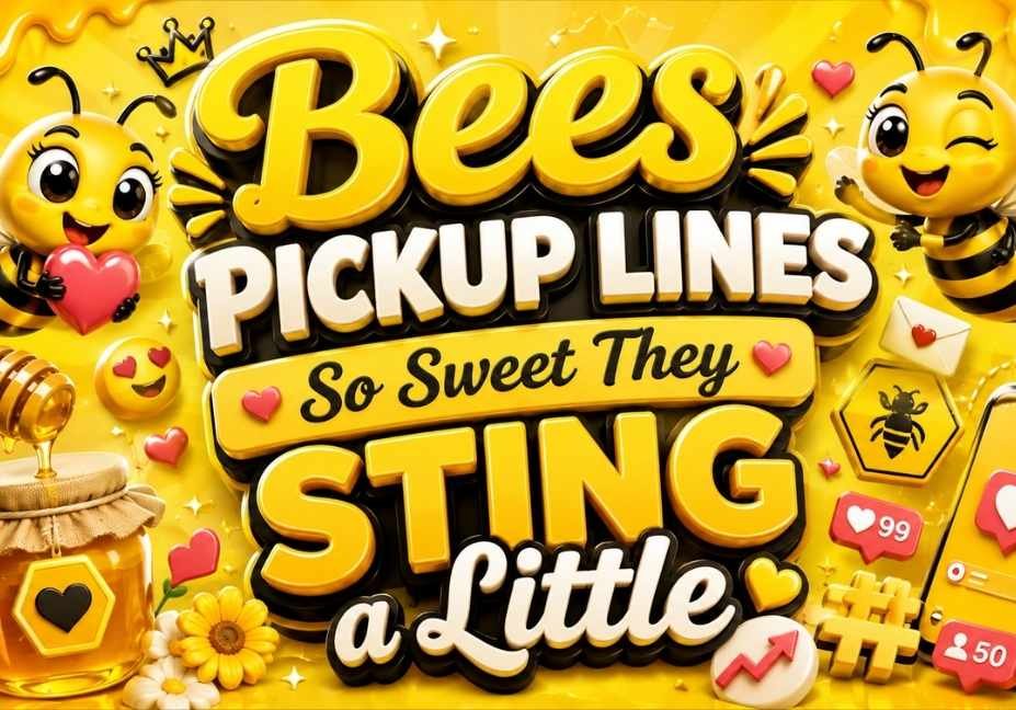 Yellow 3D graphic featuring “Bees Pickup Lines So Sweet They Sting a Little” with cute honey bees, honeycomb patterns, honey jar, flowers, hearts, chat bubbles, smartphone, social media icons, and viral engagement symbols on a bright honey-themed background.