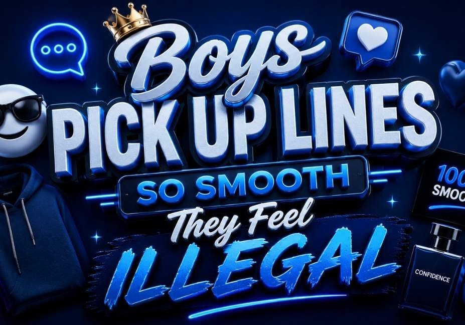 3D dark blue graphic featuring “Boys Pick Up Lines So Smooth They Feel Illegal” with hearts, chat bubbles, sunglasses emoji, crown, hoodie, and confidence-themed icons.