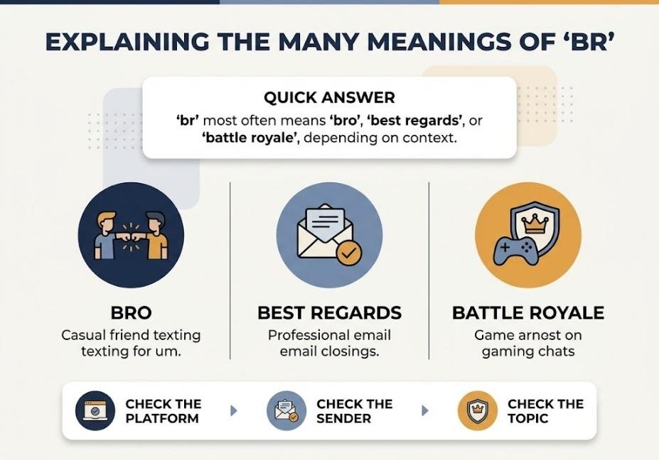 Infographic explaining the three main meanings of br: bro, best regards, and battle royale