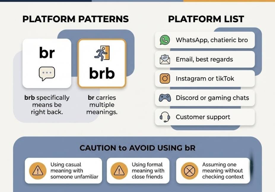 Infographic comparing br to brb by platform, showing where each meaning of br is most common
