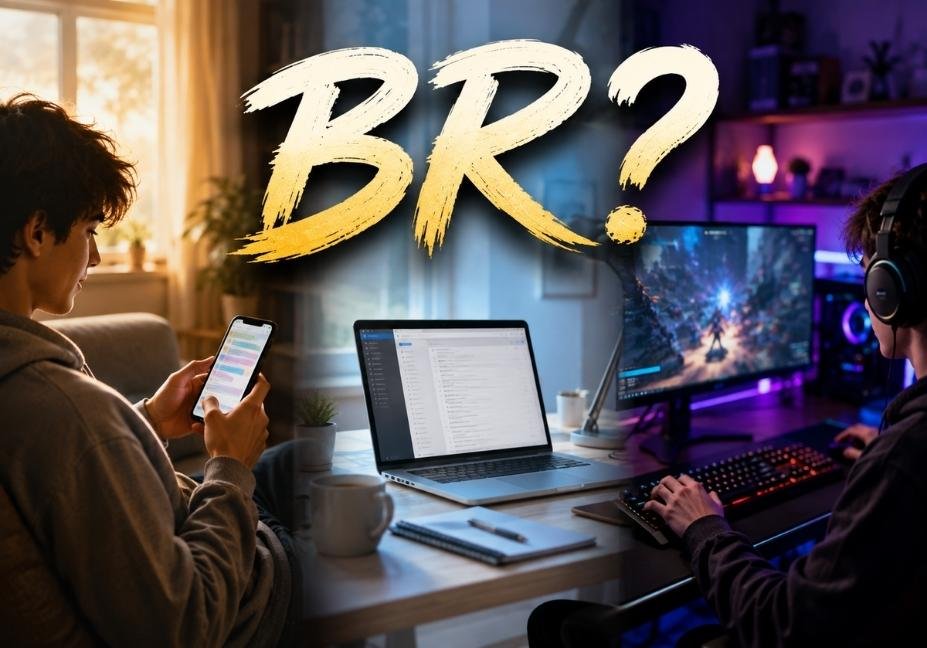 Split scene showing texting, email, and gaming to represent the multiple meanings of br in text