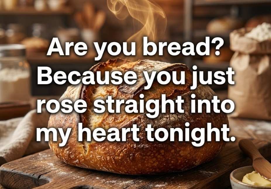  Freshly baked bread loaf on a wooden board paired with a romantic Bread bakery pickup lines quote about rising hearts.