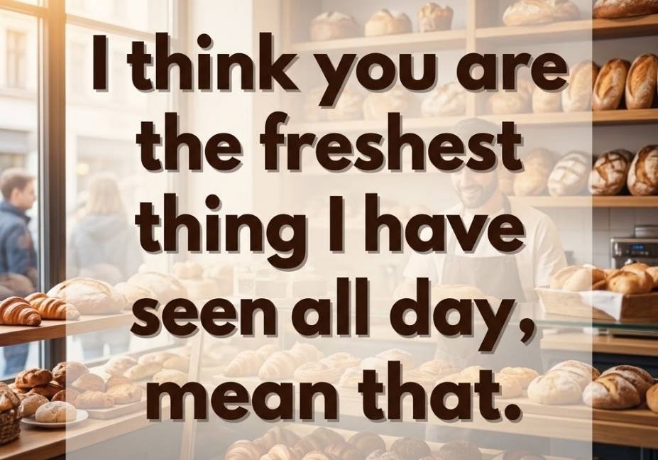 Cozy bakery interior with fresh bread and pastries featuring a sweet Bread bakery pickup lines caption about freshness.