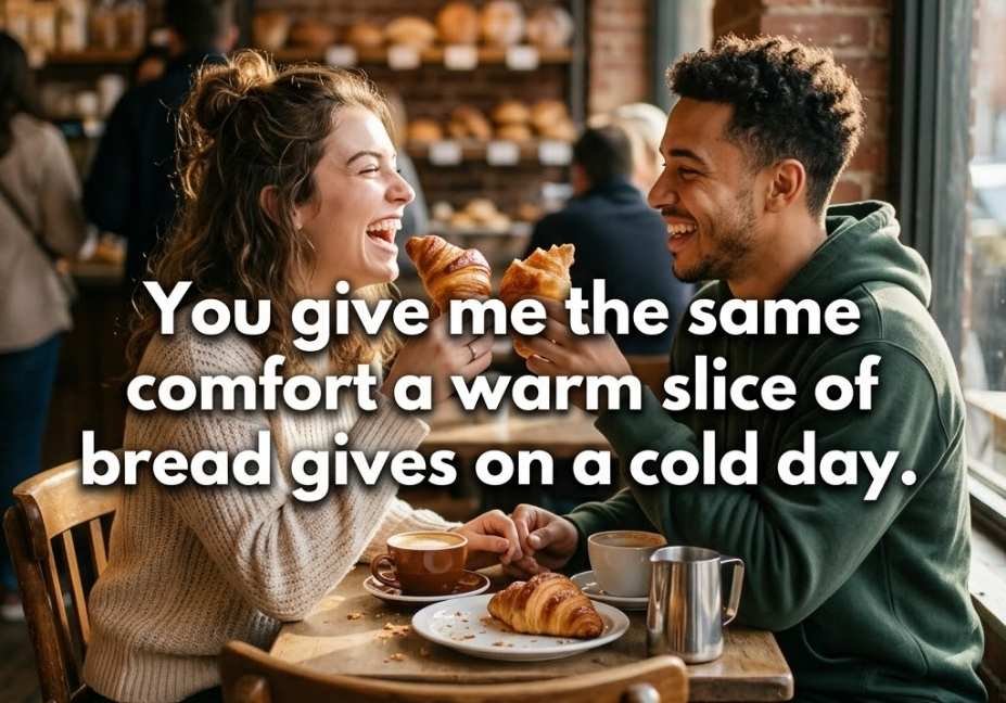  Two people sharing a croissant at a café table with a warm Bread bakery pickup lines quote about comfort.