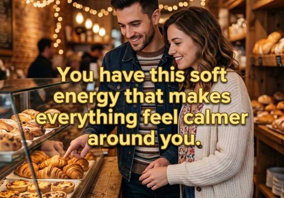 Couple browsing a bakery display case together with a soft Bread bakery pickup lines quote about calm energy.