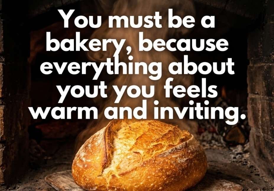  Golden fresh-baked bread loaf with steam rising paired with a warm Bread bakery pickup lines caption about bakery charm.