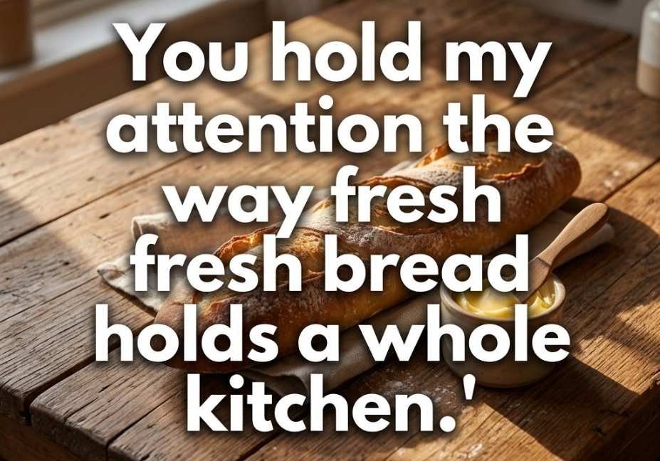 Rustic table with a fresh baguette and butter paired with a romantic Bread bakery pickup lines caption about kitchen comfort.