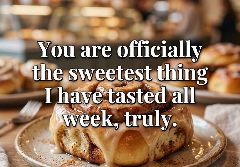Glazed cinnamon roll close-up featuring a sweet Bread bakery pickup lines quote about weekly favorites.
