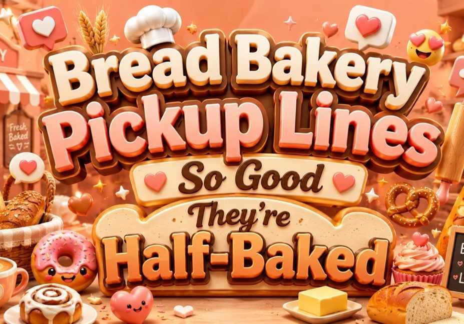 Peach-themed 3D bakery graphic featuring the title “Bread Bakery Pickup Lines So Good They’re Half-Baked” with fresh bread loaves, donuts, pretzels, cupcakes, coffee, wheat stalks, hearts, chat bubbles, bakery icons, and romantic social media elements in a cozy bakery setting.