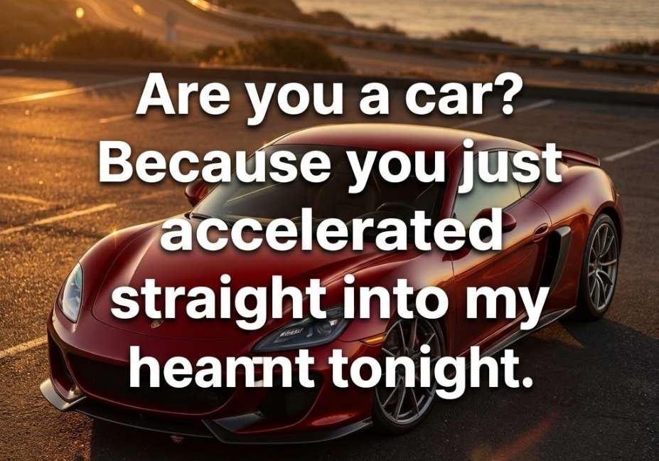 Glossy sports car under golden hour light paired with a romantic Car pickup lines quote about hearts accelerating.