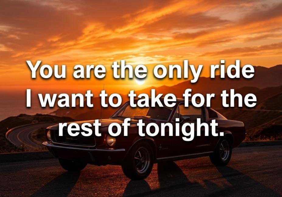 Glowing sports car silhouette at sunset paired with a bold Car pickup lines caption about the perfect ride tonight.