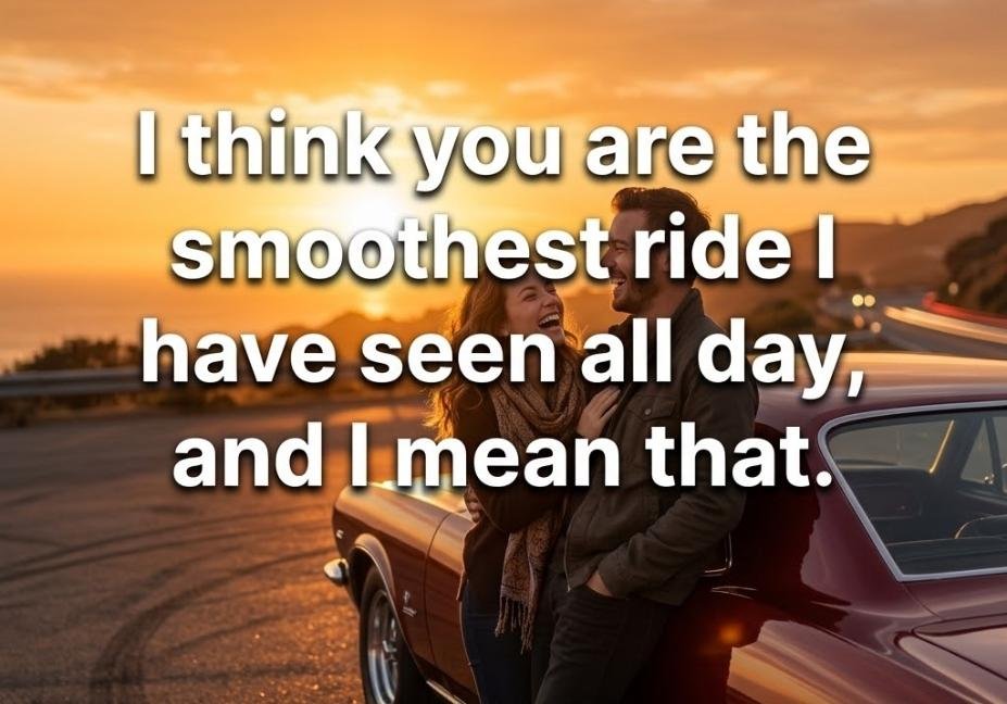 Couple laughing together leaning against a car at sunset with a smooth Car pickup lines caption about the perfect ride.