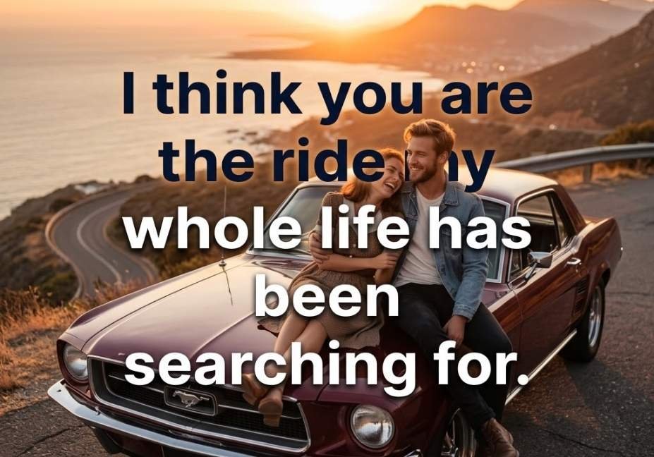 Couple sitting on a classic car hood at a scenic overlook with a romantic Car pickup lines caption about searching for the right ride.