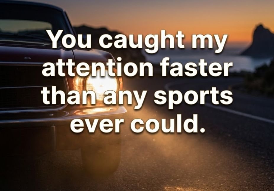 Car headlights glowing at dusk featuring a flirty Car pickup lines caption about instant attention.