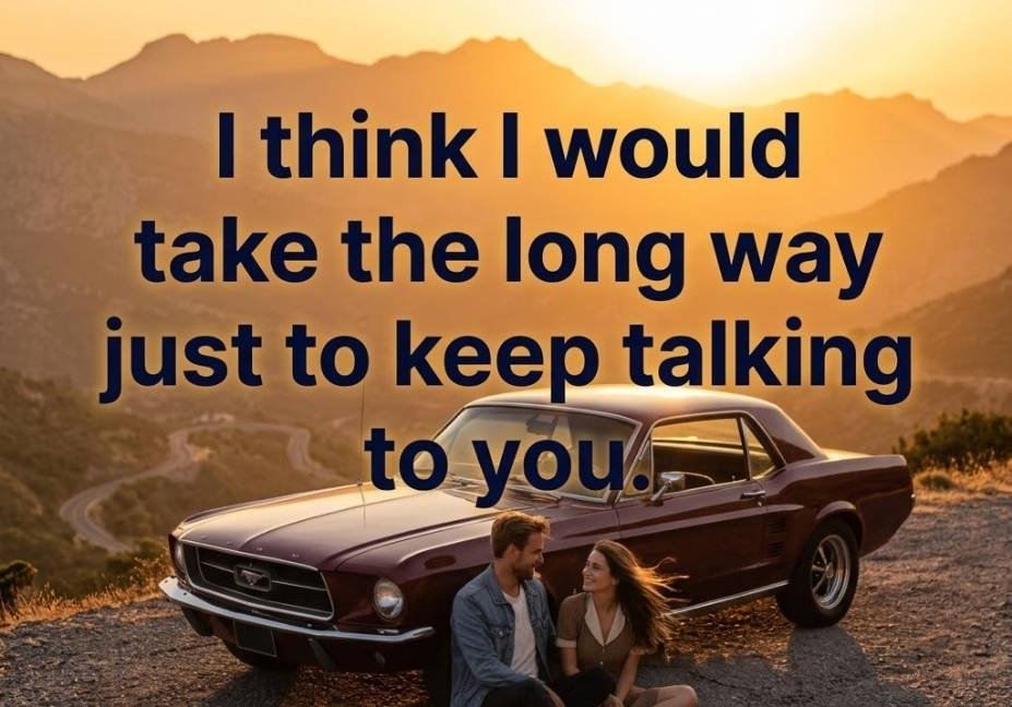 Car parked at a mountain overlook at golden hour with a sweet Car pickup lines quote about taking the long way.