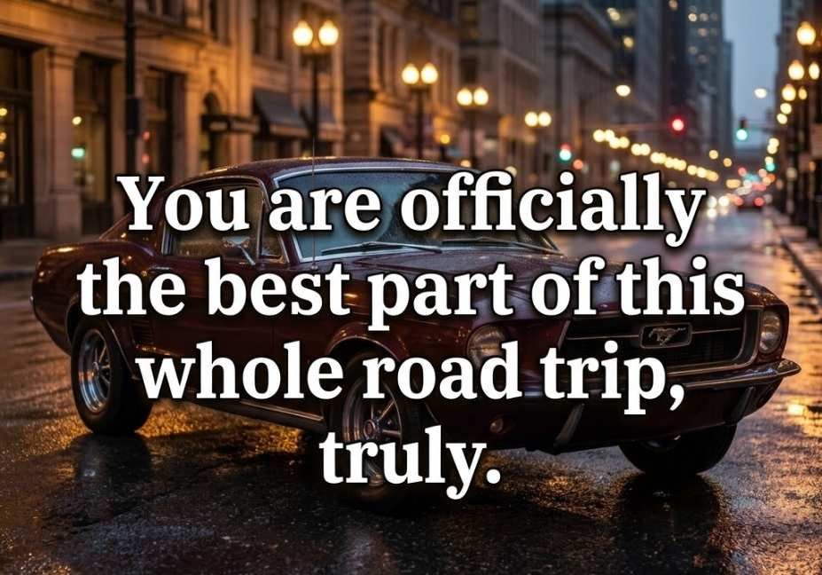 Car parked under city lights at night featuring a romantic Car pickup lines quote about unforgettable road trips.