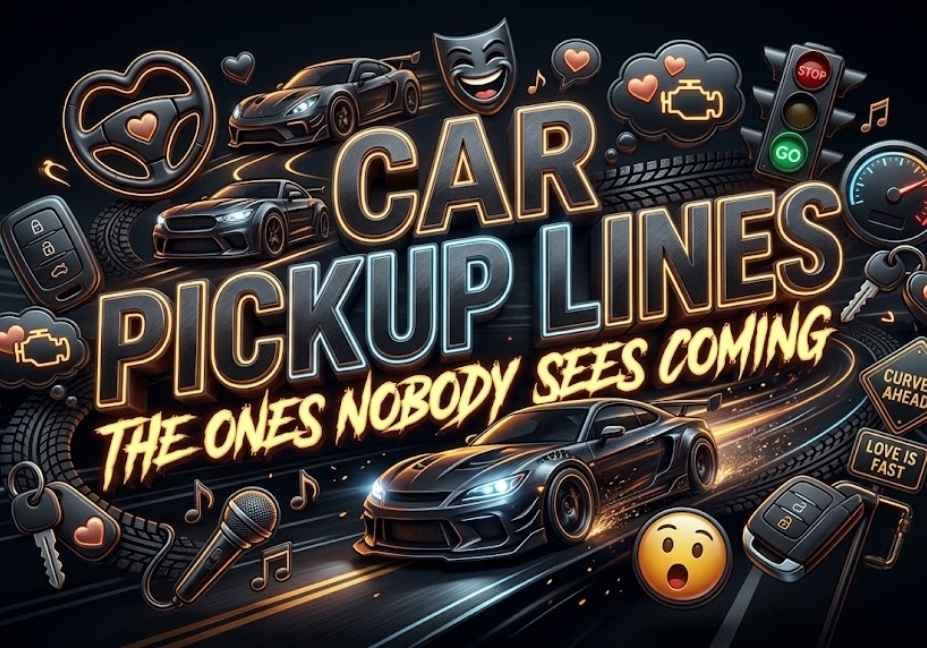 Car pickup lines featured image with a black sports car, 3D text, neon hearts, car key icon, speedometer, and romantic automotive-themed graphics on a black background.