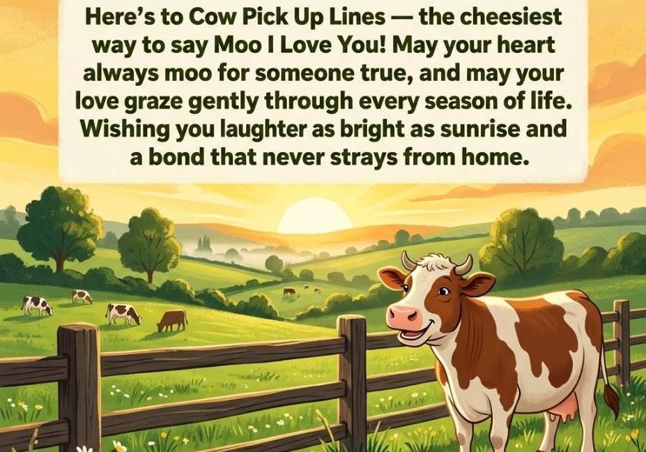 Cow pick up lines blessing card with a happy cow at sunrise over green pastures, Celebauraa.com"