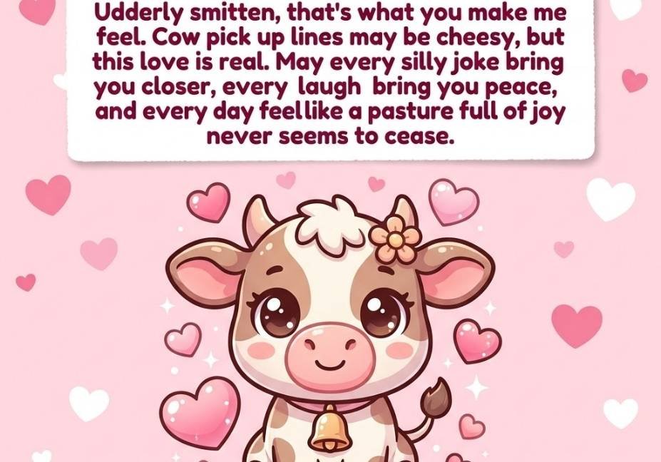 "Cute cow pick up lines quote on a pastel pink card with a kawaii baby cow illustration"