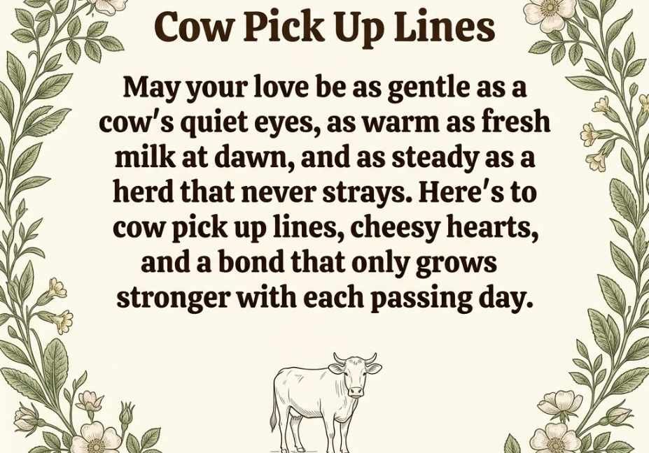 Elegant cow pick up lines blessing in a floral botanical frame with ivory background design"